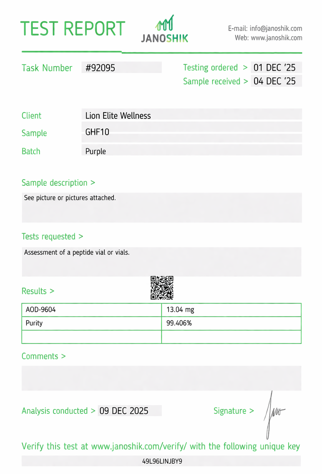 AOD-9604 Certificate of Analysis