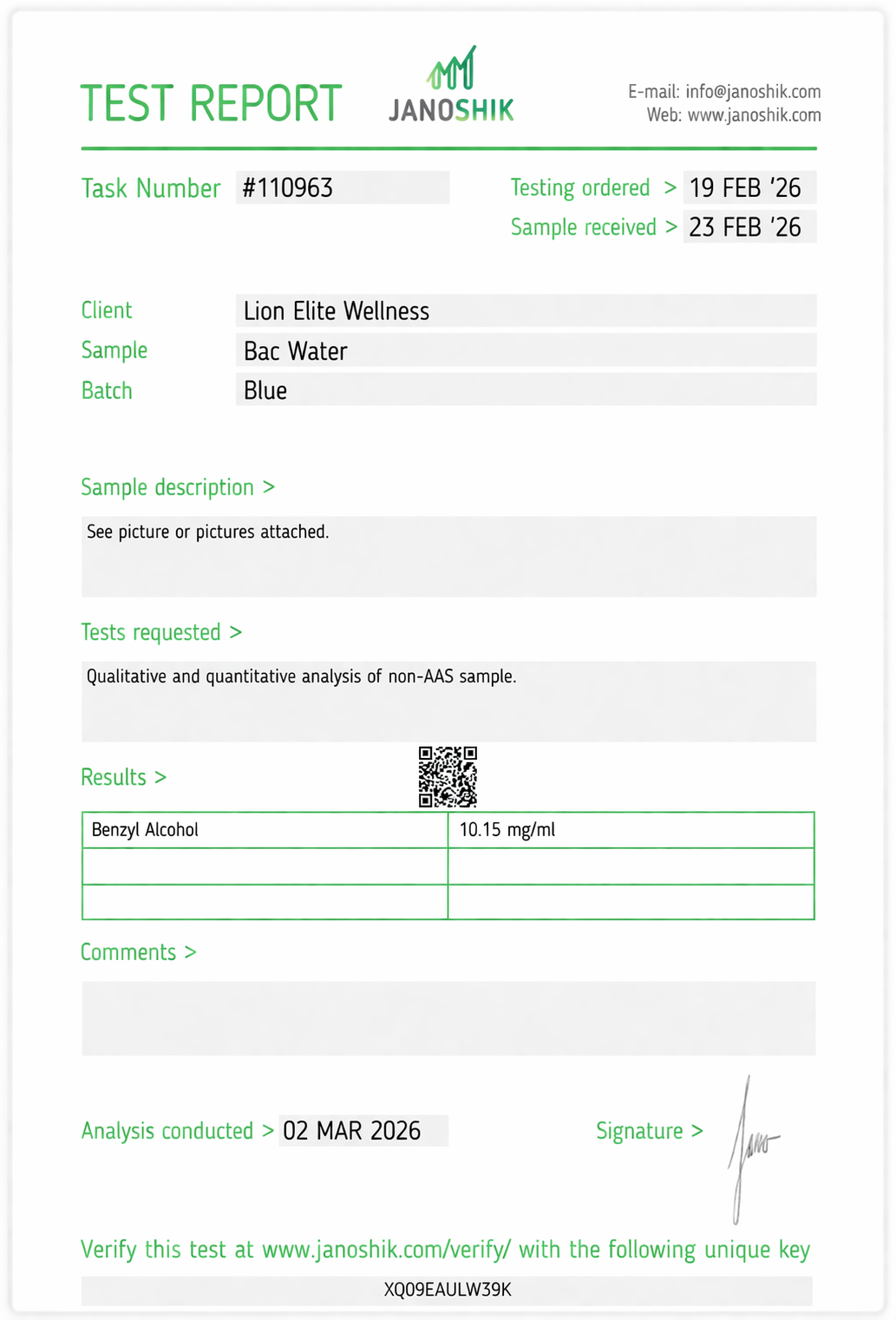 Bacteriostatic Water Certificate of Analysis