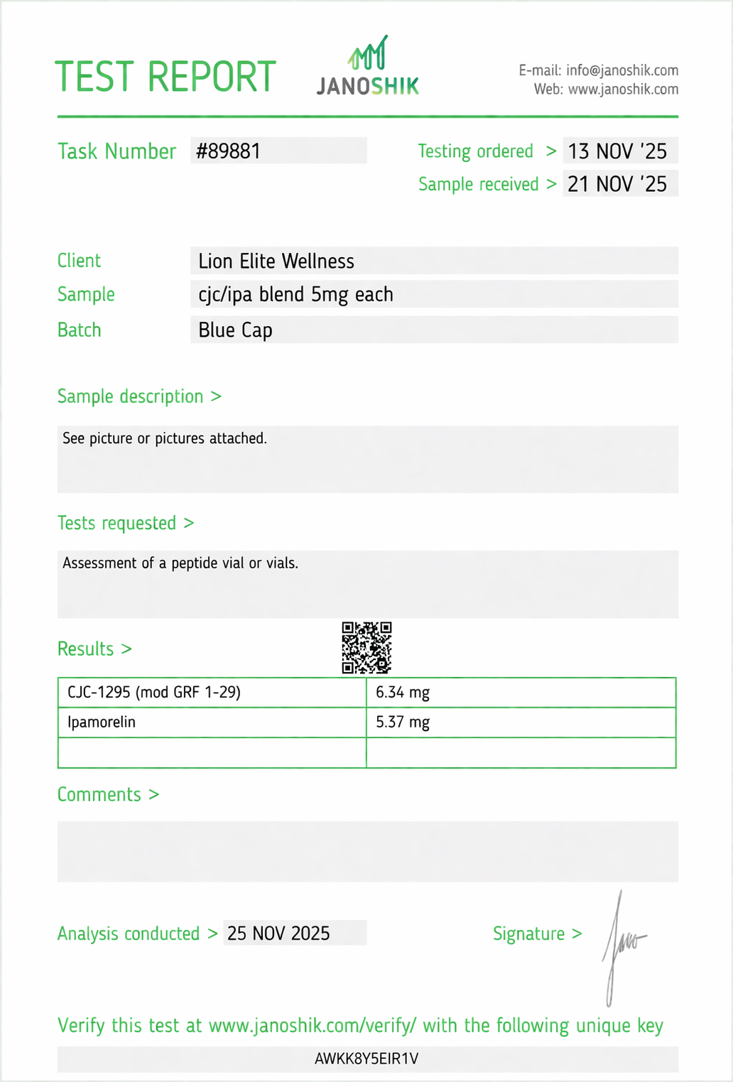 CJC-1295 / Ipamorelin Blend Certificate of Analysis