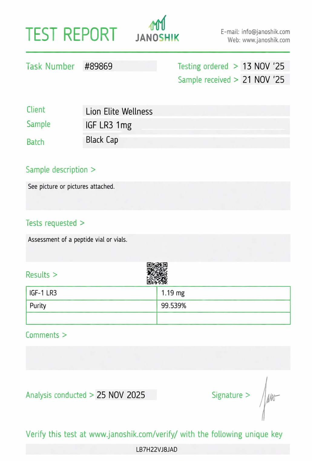 IGF-1 LR3 Certificate of Analysis