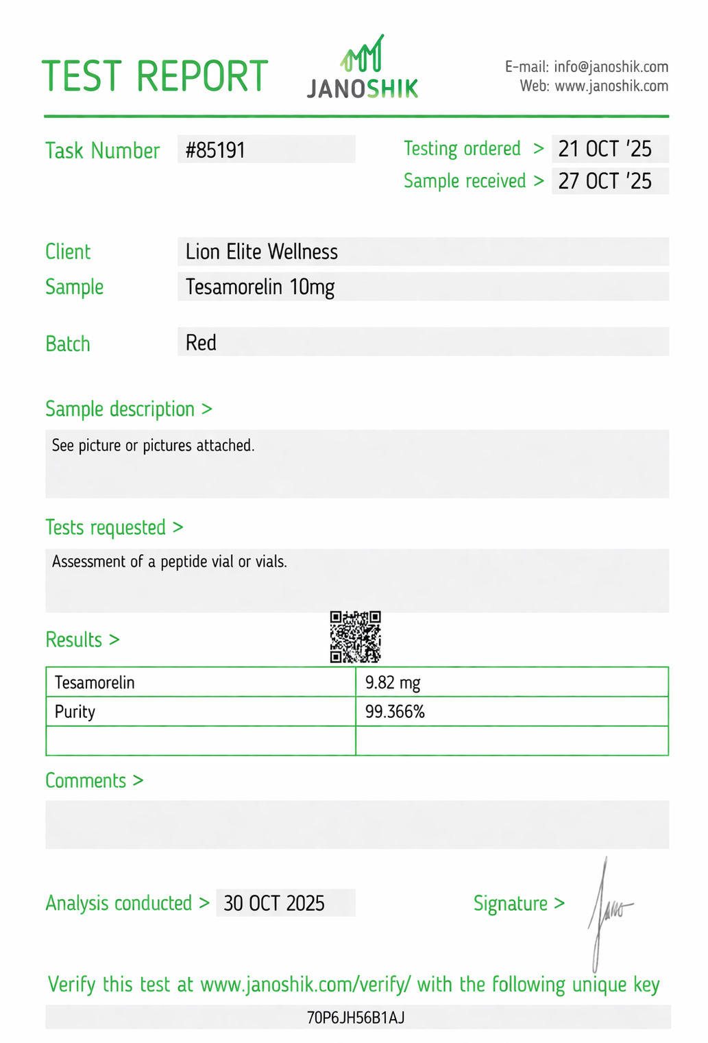Tesamorelin Certificate of Analysis